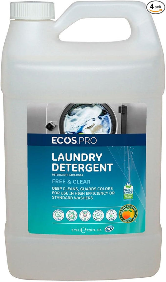 ECOS PRO Liquid Laundry and Microfiber Detergent, Free & Clear, Unscented, Concentrated & Ideal for Commercial & Industrial Use, PL9764/04, 1 Gallon Bottles (Case of 4)