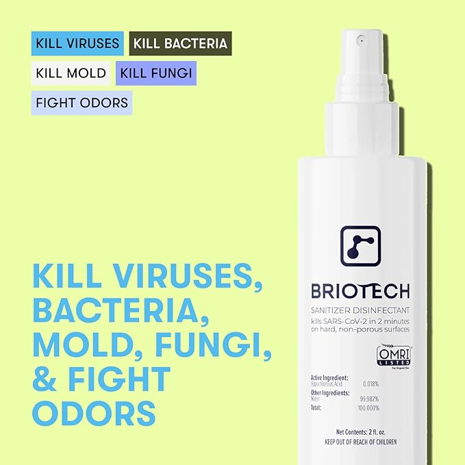 BRIOTECH Sanitizer Disinfectant Hypochlorous Spray, Kill 99.99% of Viruses & Bacteria, Control Mold, Eliminate Odor, Gentle for Nursery & Play Rooms, Food Contact Surface Sanitizer, 8.5 fl oz