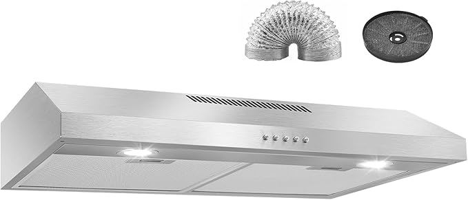 Rang Hood 30 inch Under Cabinet, Ductless Slim Kitchen Range Hood Vent with Filter, LED Lights, 3 Speed Exhaust Fan, Campanas para Cocina (JX3875- Stainless Steel)