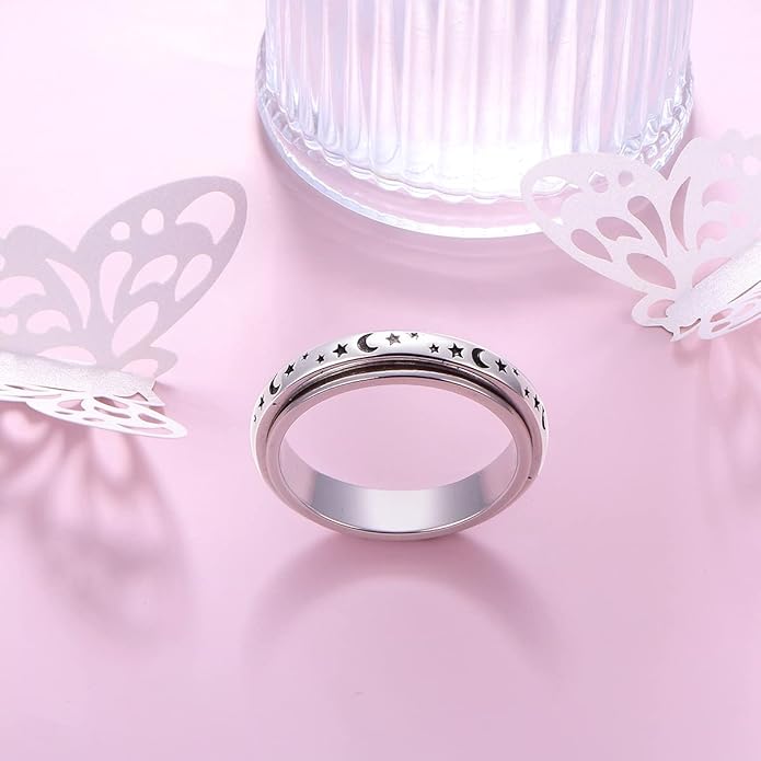 S925 Sterling Silver Spinner Fidget Anxiety Worry Relieving Boredom ADHD Autism Band Rings