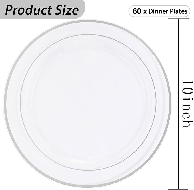 I00000 60PCS Silver Plastic Plates, Clear Plates with Silver Rim 10 Inch, Ideal for Weddings, Parties,Birthday