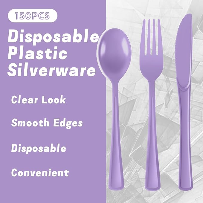 Plastic Silverware 150 PCS Disposable Silverware Heavy Duty Utensil Sets 50 Of Each Forks Knives & Spoons Disposable Cutlery Set For Easter,Birthday,Baby Shower,Garden Party,Wedding(150,Lavender)