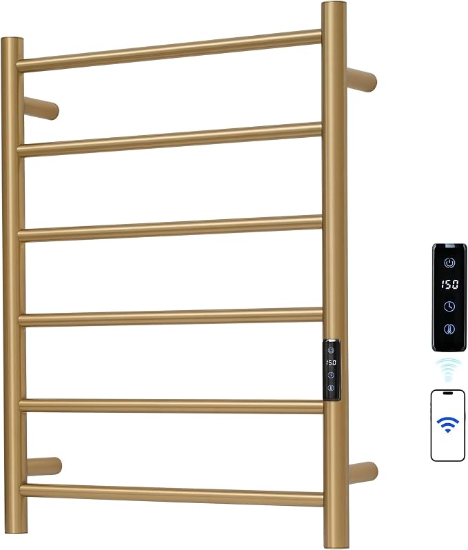 Electric Towel Rack with Voice Control for Alexa & Google Home,TUYA-Wall-Mounted Bathroom Heating Towel Warmer,Plug-in,26.77x20.47x4.39in,Stainless Steel Material,Gold，6 Bars