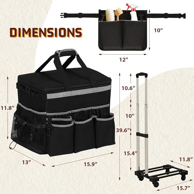 Rolling Cleaning Caddy, Cleaning Supplies Organizer with Cleaning Caddy Apron, Large Cleaning Caddy Bag with Detachable Trolley, Handles and Shoulder Strap for Cleaners Housekeepers, Black