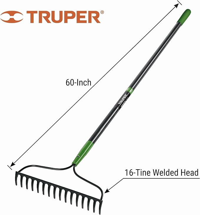 Truper Tru Tough 16-Tine Welded Bow Rake, 60-Inch Fiberglass Handle with Comfort Grip, Heavy-Duty Landscaping and Soil Leveling Tool (Model 32404 / R-16AM-FV)