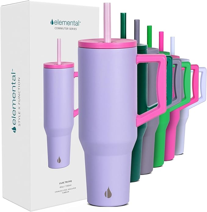 Elemental 40 oz Tumbler with Handle and Straw - Spill Proof Insulated Stainless Steel Commuter for Cold Beverages - Travel Coffee Mug with 2 Straws & Spill Proof Lid - 40oz - Lilac Tie Dye