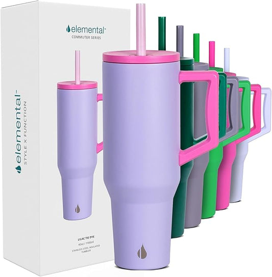 Elemental 40 oz Tumbler with Handle and Straw - Spill Proof Insulated Stainless Steel Commuter for Cold Beverages - Travel Coffee Mug with 2 Straws & Spill Proof Lid - 40oz - Lilac Tie Dye