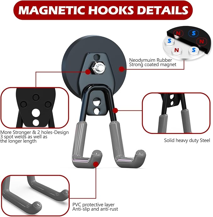 3-H Extra Strong Magnetic Hooks,Heavy Duty Large Anti-Slip Magnet Hooks,No-Drill Tool Holder for Garage,Power Drill,Garden Tools,Hose Storage,4 Pack Gray