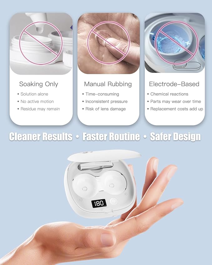 Vastsoon Ultrasonic Contact Lens Cleaner Machine – Portable, Rechargeable Cleaning Kit with 4 Contact Lens Solution Cases, Applicator & Removal Tools – for Travel & Home Use (White)