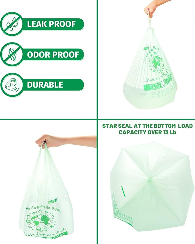 BEIDOU-PAC 100% Compostable Trash Bags, 3 Gallon Compost Bags Small Kitchen Trash Bags with Handle, 200 Count Sturdy Biodegradable Garbage Bags Food Scrap Waste Bags, ASTM D6400, US BPI Certified