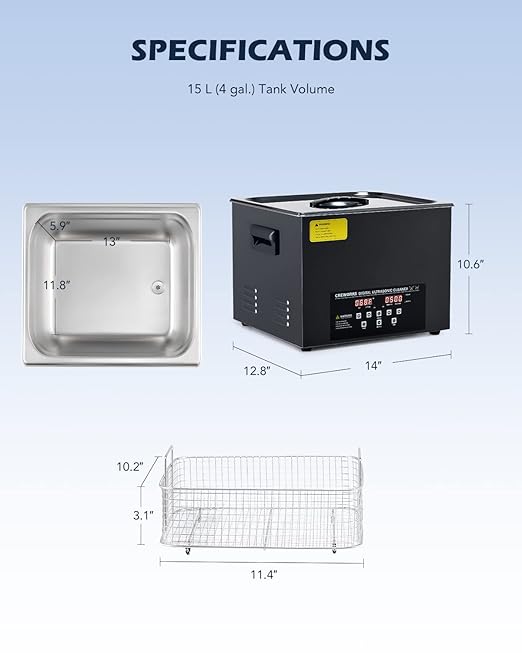 CREWORKS 15L Digital Ultrasonic Cleaning Machine with Degas and Gentle Mode, 360W Ultrasonic Cleaner with Heater and Timer, 40kHz Ultrasound Cleaner for Industrial Parts Carburetor Auto Tool