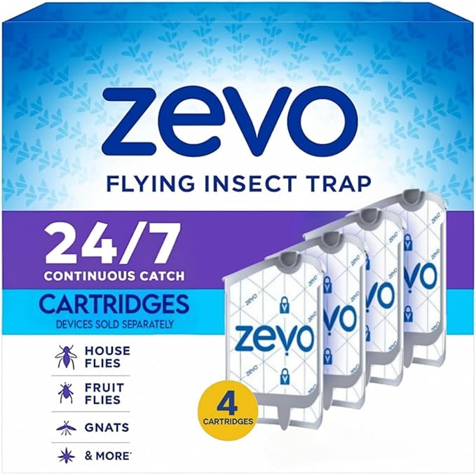 Zevo Flying Insect Trap Refill Cartridges - 4 Pack Original Cartridge Refills for Zevo Plug-in Insect Trap, Mess-Free Indoor Bug Catcher