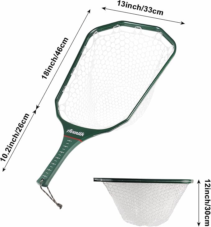 Aventik Floating Fly Fishing Net Carbon Fiber Square Landing Net with Accurate Measuring Handle Clear Rubber Ghost Mesh for Professional Trout Fishing Catch & Release