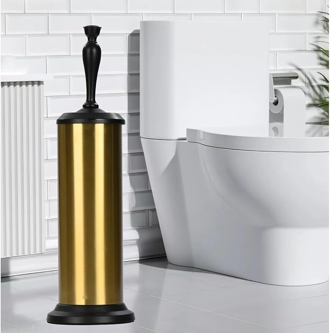 J&V TEXTILES Toilet Brush, Toilet Bowl Brush with Extra Long Handle Durable Bristles Toilet Scrubber and Covered Holder for Toilet Brush Set for Bathroom Cleaning (Aged Brass/Matte Black)