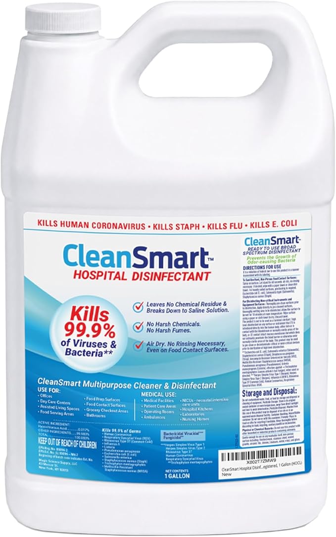 CleanSmart Hospital Disinfectant, Kills 99.9% of Viruses and Bacteria, Hypochlorous Acid Technology, EPA Registered, 4 Gallons (HOCL)