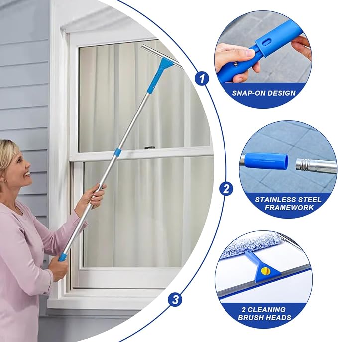 78" Window Cleaning Squeegee Kit with 3-Gallon Bucket, 14" Squeegee and 15" Scrubber, Professional Windows Washing Cleaner Tool for Outdoor, Home, Commercial Use (with Bucket kit)