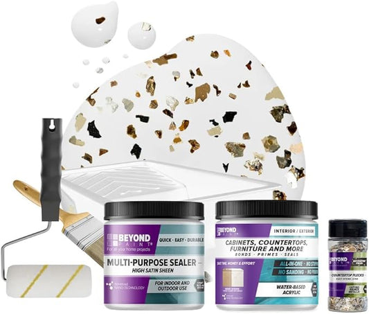 Beyond Paint Oxford Bronze Flecks Countertop Makeover Kit with Paint, Sealer, Flecks, and Tools for Countertops, Bright White