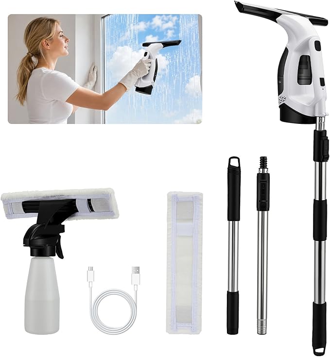 Window Vacuum Squeegee Cordless, 2200mAh Electric Window Squeegee Vacuum with 0.8-1M Extendable Pole, 2000Pa Window Sill Cleaning Tools, for High Windows, Shower Glass, Car, Kitchen