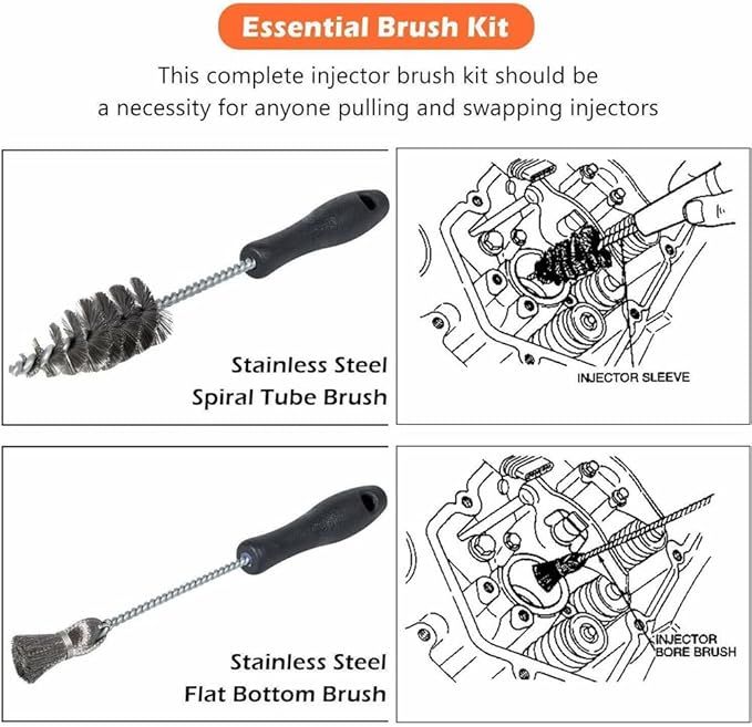 2PCS Injector Sleeve Cup Bore Seat Cleaning Brush Kit AP0084 AP0085 3252 Fit for Ford Powerstroke 7.3L 6.0L 6.4L 6.7L 1994-2018,Caterpillar 3126 C7 C9,Navistar,Maxxforce Stainless Steel