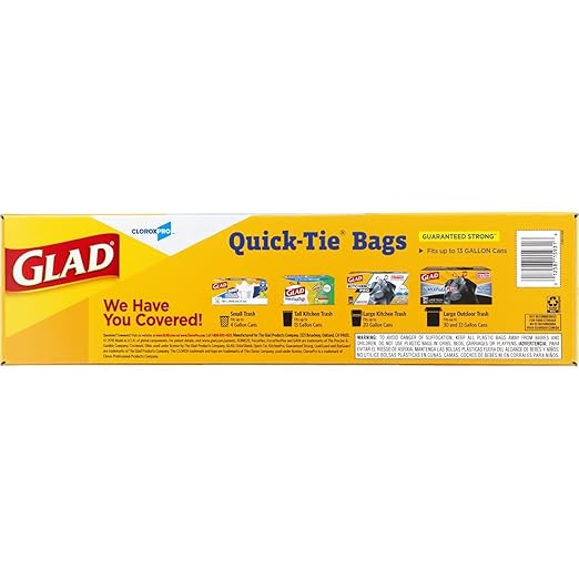 Glad CloroxPro Quick-Tie Tall Kitchen Trash Bags, 13 Gallon, 200 Count, Package May Vary