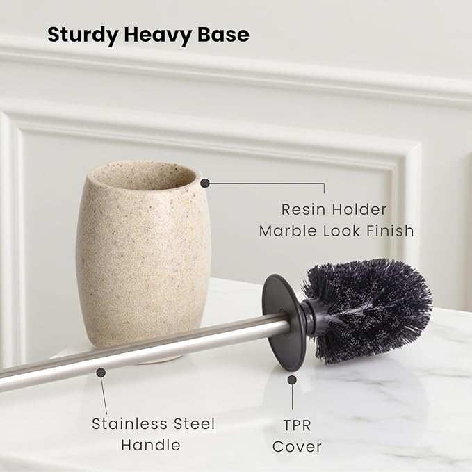Clasin Home Toilet Bowl Brush and Holder with Stainless Steel Long Handle, Toilet Scrubber Brush with Durable Base, 360° Deep Cleaning Bristles for Bathroom, Compact Set for Small Space (Beige)