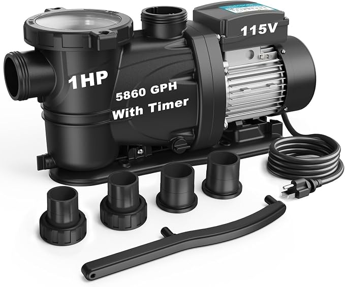 1HP In/Above Ground Pool Pump with Timer, 5860GPH High Flow 115V Powerful Self Primming Swimming Pool Pumps with Filter