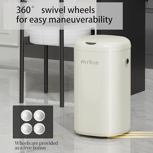 MRBIN Adsorption Metal Kitchen Motion Sensor Trash Can Removable, 30L / 7.9gal Automatic Absorbing Bag Lidded Garbage Bin with Wheels, Commercial Waste Basket for Office and Bedroom, Bathroom, White