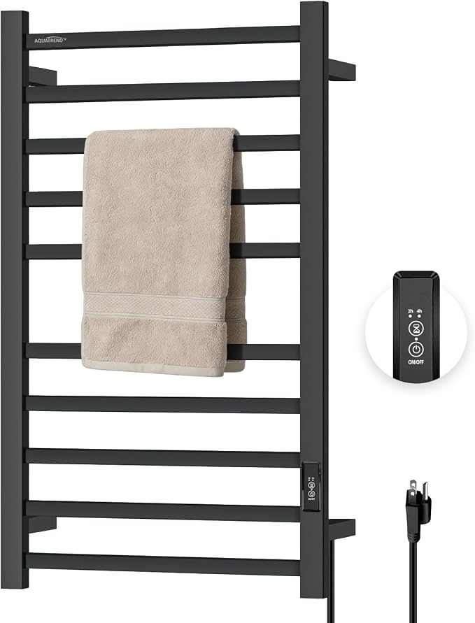 Towel Warmers for Bathroom, Heated Towel Rack Wall Mounted Large Racks, 10 Bar Hot Electric Rack, Stainless Steel, Built-in Timer, Plug-in, Fast Heating, Black