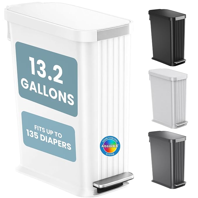 Patented 13 Gallon Step Diaper Pail, Fits Kitchen Bags, Odor Filter, 50L Baby Trash Can, 135 Diaper Capacity, No Refills Needed, for Nursery Diapers & Adult Incontinence Underwear, Matte White