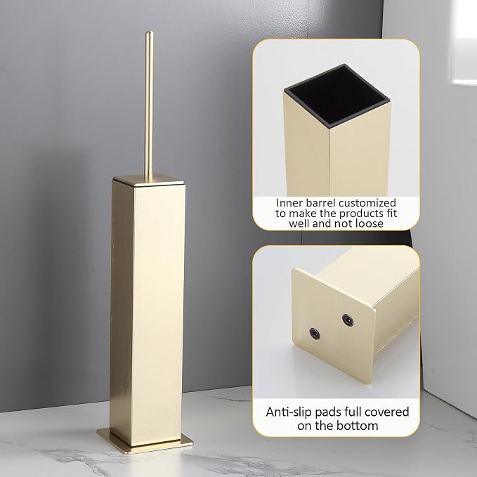 BVL Toilet Brush and Holder Floor Standing, Brushed Gold with 2 Replaceable Heads, Bathroom Toilet Brush, Freestanding Toilet Bowl Brush with Removable Liner and Splash Guard