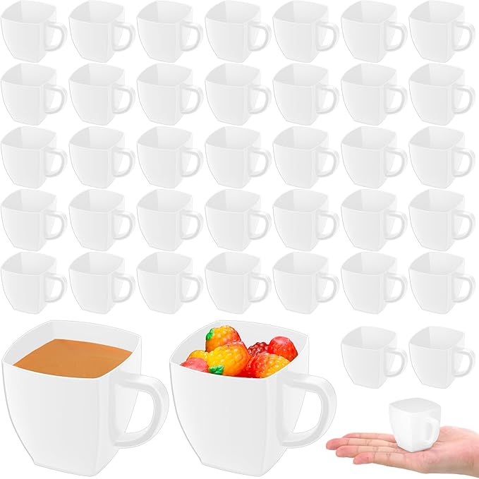 Amyhill 100 Pcs Mini Disposable Tea Cups with Handle, 2oz Hard Plastic Coffee Mug Bulk Plastic Square Disposable Espresso Cups for Wedding Tea Party Catering Dessert Sampling (White)