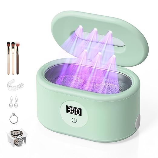 BYASKZIV Ultrasonic Cleaner, 48KHz Ultrasonic Jewelry Cleaner with 20oz 304 Stainless Steel Tank, Dual Modes & LED Display - for Jewelry, Eyeglasses, Watches, Dentures, Retainers & More-Green