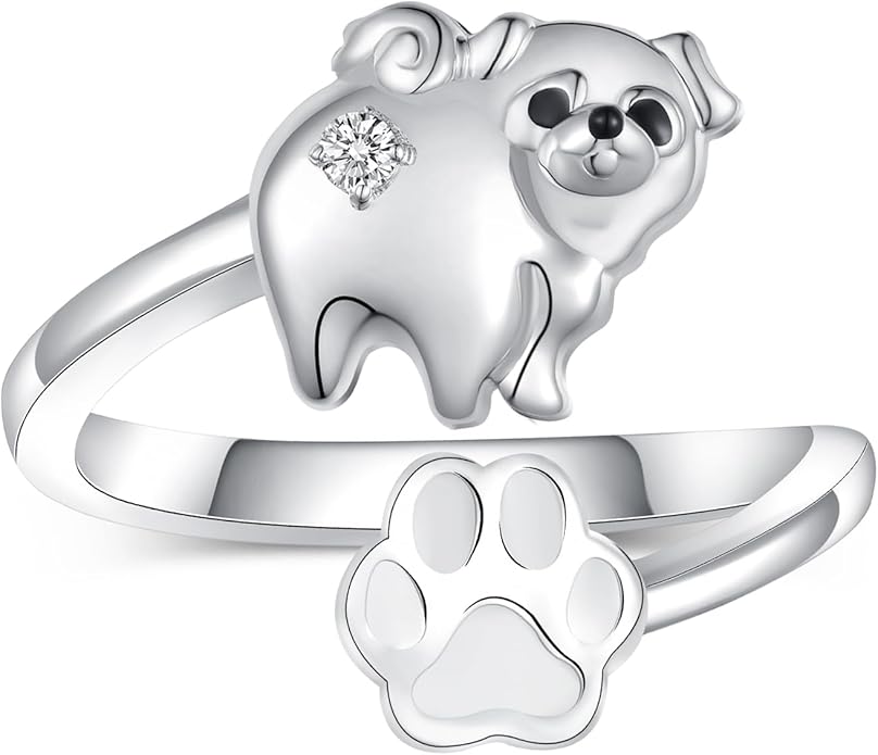 Dog Ring for Women Sterling Silver Yorkie/Pug Ring Dog Jewelry for Women