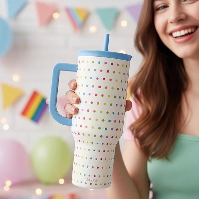SANDJEST LGBT 40oz Tumbler with Handle and Straw, Insulated Stainless Steel Travel Coffee Mug for Gay Lesbian Adults Friends, Gift Idea for Birthday Christmas Pride Month (Polka Dot)