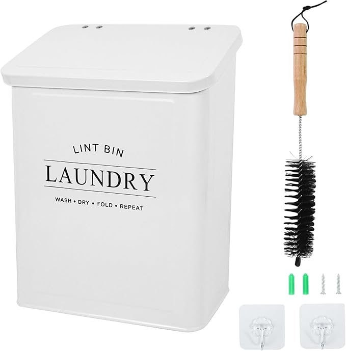 DreamsEden Laundry Lint Bin with Brush, Magnetic Wall Mount Container, 7 x 10 inch Steel Lint Collector 3.5L Storage Holder Organizer for Dryer Sheets Wool Balls Laundry Pods (White)