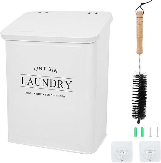 DreamsEden Laundry Lint Bin with Brush, Magnetic Wall Mount Container, 7 x 10 inch Steel Lint Collector 3.5L Storage Holder Organizer for Dryer Sheets Wool Balls Laundry Pods (White)
