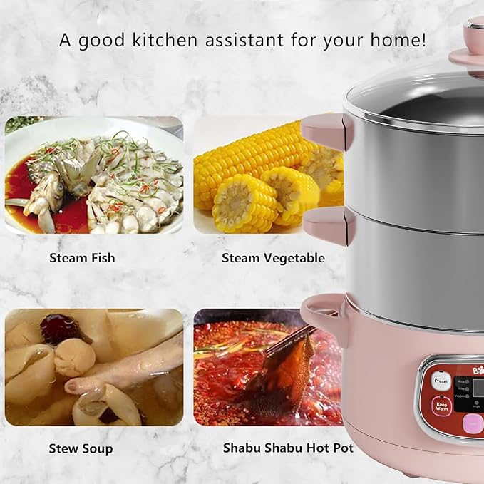 Bear Electric Multifunctional Food Steamer, One Touch Digital Steamer with Timer, Vegetable Steamer 2 Tiered Stackable Stainless Steel Baskets, Auto Shut-off & Anti-dry Protection, 1200W, 8.5Quart