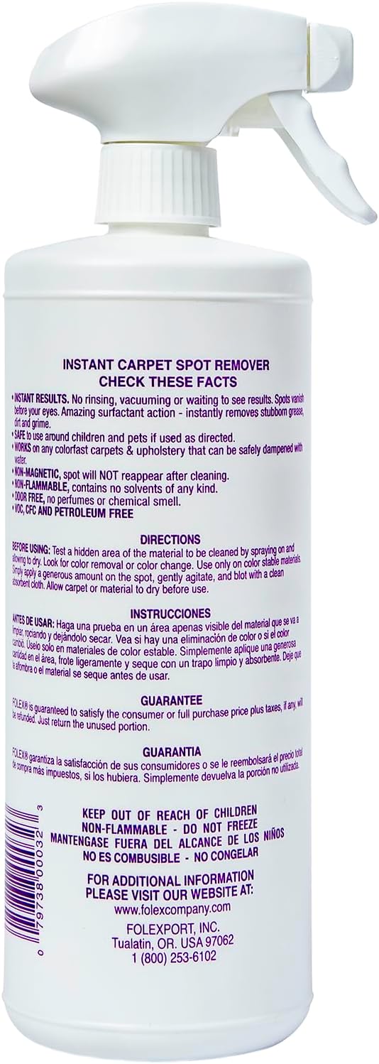 FOLEX Instant Carpet Spot Remover 32 oz – Powerful Stain Remover for Carpets, Upholstery & Rugs – Eliminates Pet Stains, Grease, Red Wine, Food, Makeup & More – With Reusable Cleaning Cloth - 5 Pack