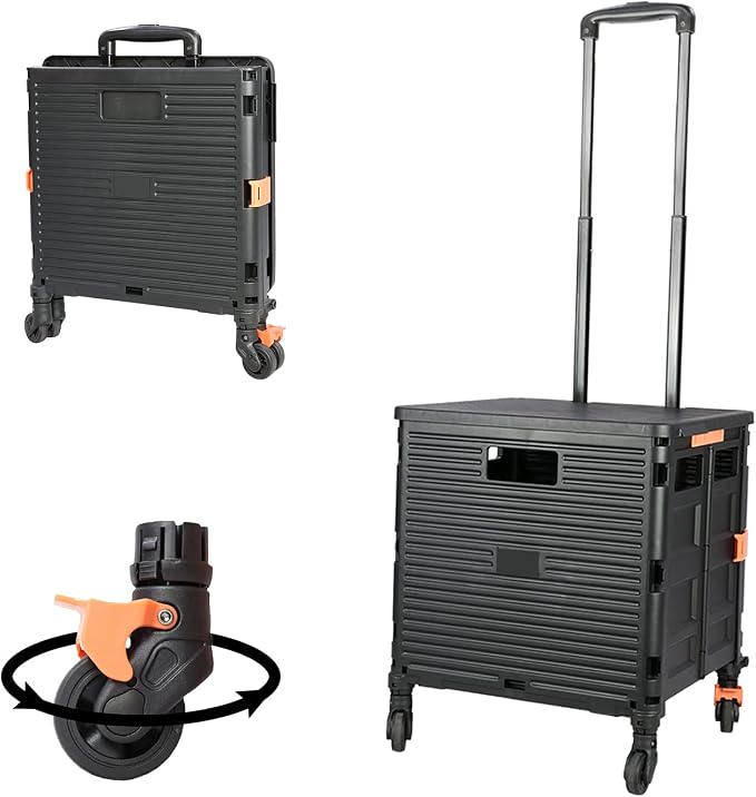 FELICON SELORSS Foldable Utility Cart Folding Portable Rolling Crate Handcart with Heavy Duty Telescoping Handle Collapsible 4 Rotate Wheels for Travel Shopping Move Luggage Office Use(Black+Black)