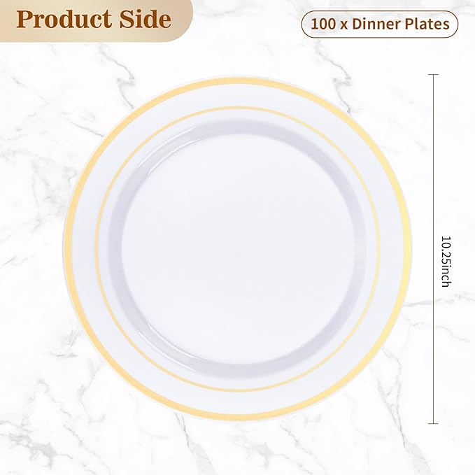 BESTVIP 200PCS Gold Plastic Plates, 10.25 Inch Disposable Dinner Plate Party with Gold Rim for Christmas, Thanksgiving, Heavy Duty Disposable Plastic Plates for Party, Wedding and Birthday, Events