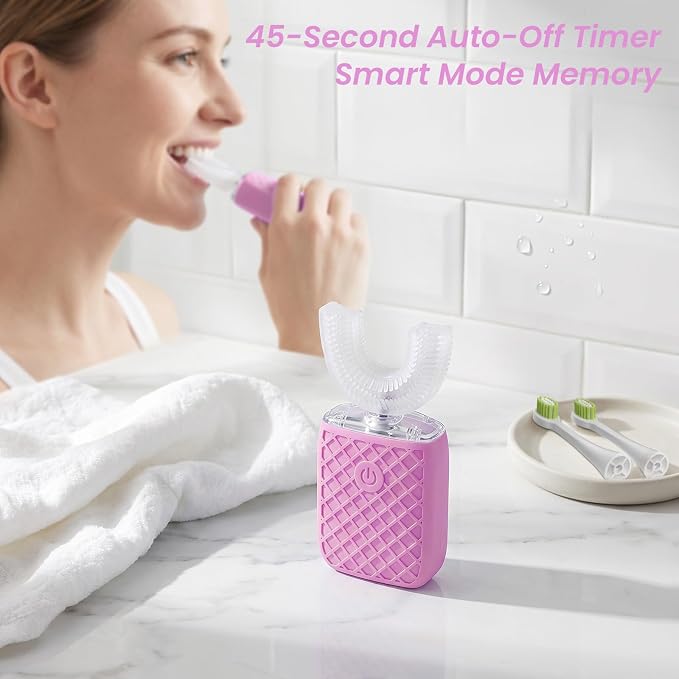 Sonic Electric U Shaped Toothbrush for Adults, Automatic Full Mouth Cleaning Toothbrush, 360° Stain Removal, IPX7 Waterproof Rechargeable, 3 U-Shape & 2 Straight Brush Heads (Pink-Cup)