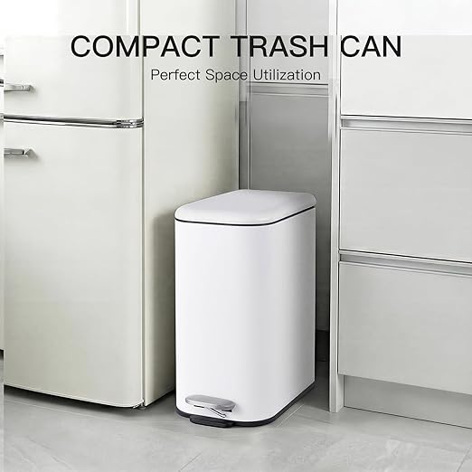 GlowSol Bathroom Trash Can with Lid, 3.2 Gallon 12 L Stainless Steel Step Trash Can with Removable Liner Bucket, Slim Small Wastebasket for Toilet Bedroom Office, White