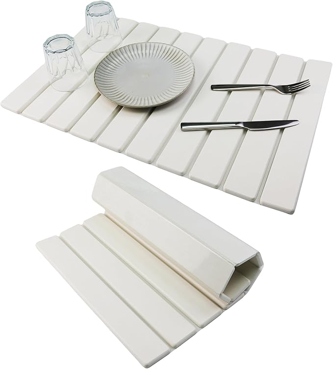 Large Stone Drying Mat for Kitchen Counter Diatomaceous Earth Collapsible 24”（L）*16”（W）Super Heat Resistant Mats, Quick Absorbent Dish Drying Rack（White）