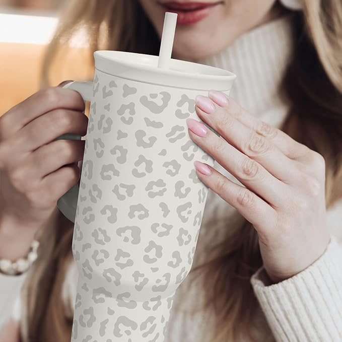 SANDJEST Leopard Tumbler with Handle, Insulated Cup Stainless Steel Travel Mug Cup, Gifts for Women Girl on Birthday Christmas, Cream Leopard, 40oz
