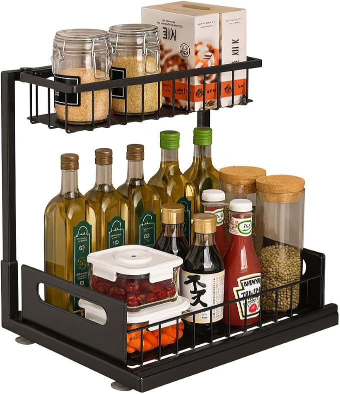 2-Tier Under Sink Organizer Rack – Adjustable Kitchen & Bathroom Storage Shelf with Sliding Baskets, Space Saver for Cleaning Supplies, Pantry, Spices, Toiletries – Heavy Duty Metal Organizer -1 PACK