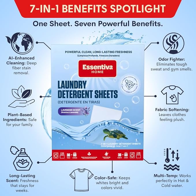 Laundry Detergent Sheets 180 Loads (3 Pack), 7-in-1 Eco-Friendly Lavender Laundry Sheets with Plant-Based Deep Clean, Fabric Softening, Color-Safe, Travel and Washer Friendly