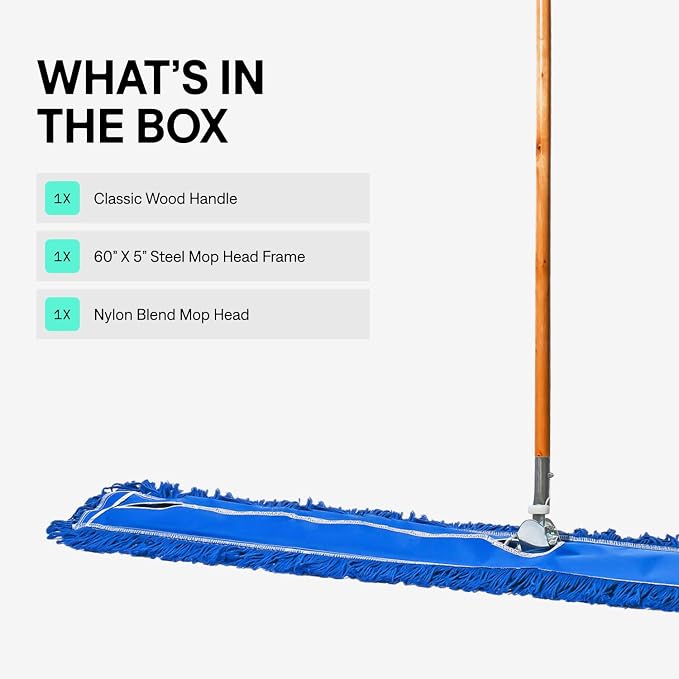 Commercial Dust Mop & Floor Sweeper, 60 in. Dust Mop for Hardwood Floors, Reusable Dust Mop Head, Wooden Broom Handle, Industrial Dry Mop for Floor Cleaning and Janitorial Supplies, Blue