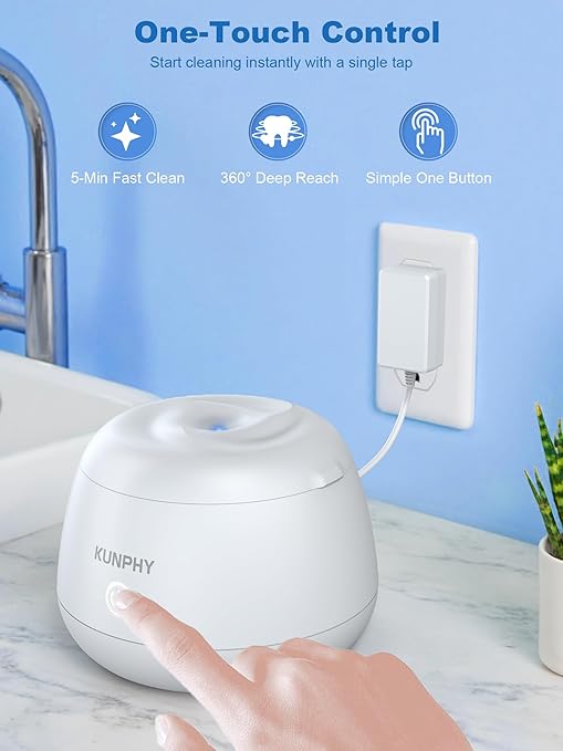 KUNPHY Ultrasonic Retainer Cleaner Machine, 48kHz Dental Cleaning Pod for Braces, Night Guard, Mouthguard, Toothbrush, Denture, Jewelry White