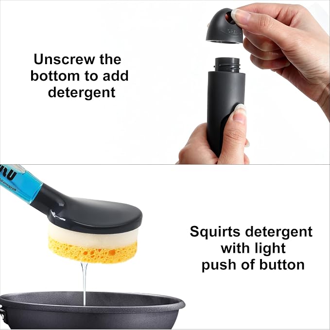 Soap Dispensing Sponge Brush, 2 Pack | Non-Scratch Dish Wand, Kitchen Cleaning, Heavy Duty Dishwashing Scrubber, For Grease & Grime