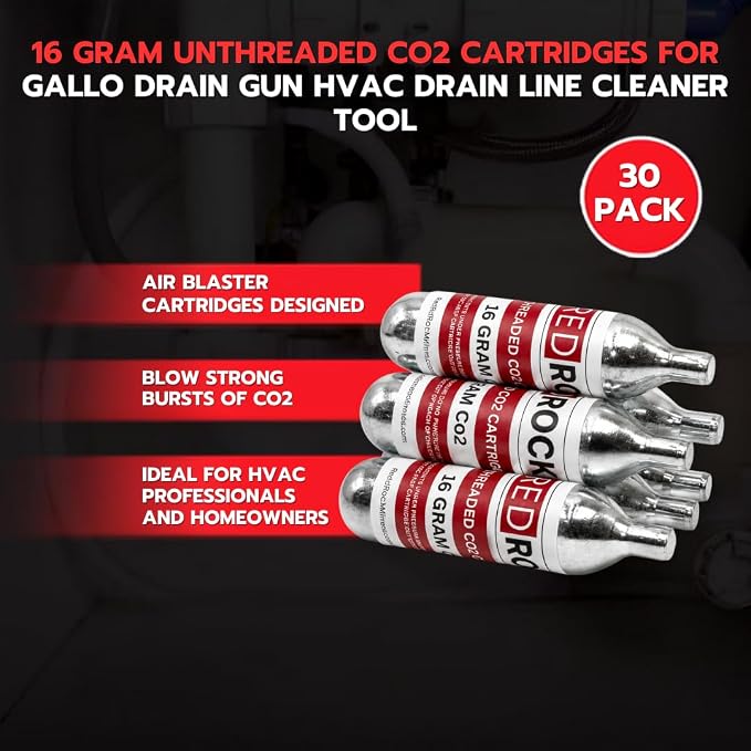 RedRock 16 Gram Unthreaded CO2 Cartridges for RedRock Gallo Drain Gun HVAC Drain Line Cleaner Tool, 60 Pack